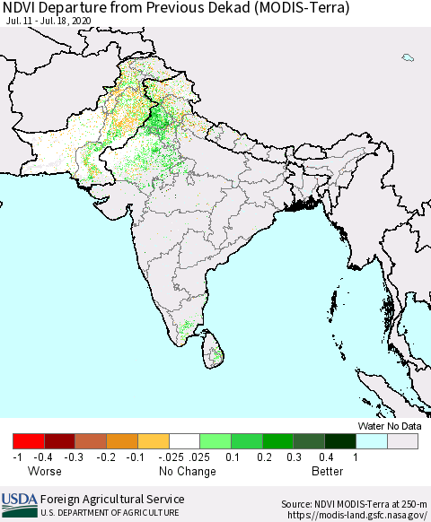 Southern Asia NDVI Departure from Previous Dekad (Terra-MODIS) Thematic Map For 7/11/2020 - 7/20/2020