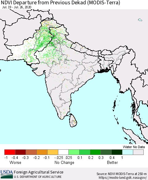 Southern Asia NDVI Departure from Previous Dekad (Terra-MODIS) Thematic Map For 7/21/2020 - 7/31/2020