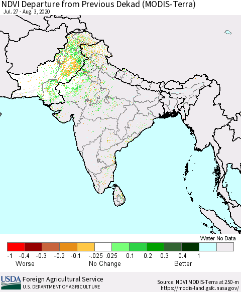 Southern Asia NDVI Departure from Previous Dekad (Terra-MODIS) Thematic Map For 8/1/2020 - 8/10/2020