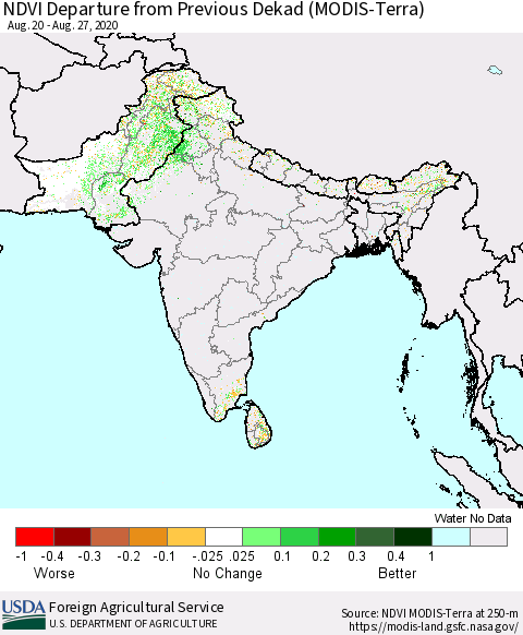 Southern Asia NDVI Departure from Previous Dekad (Terra-MODIS) Thematic Map For 8/21/2020 - 8/31/2020