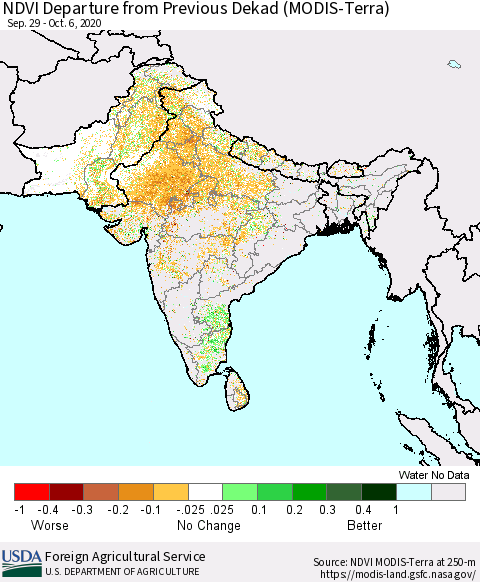 Southern Asia NDVI Departure from Previous Dekad (Terra-MODIS) Thematic Map For 10/1/2020 - 10/10/2020