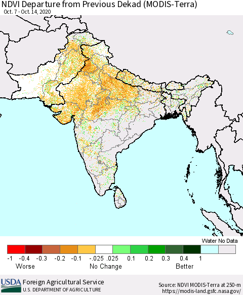 Southern Asia NDVI Departure from Previous Dekad (Terra-MODIS) Thematic Map For 10/11/2020 - 10/20/2020