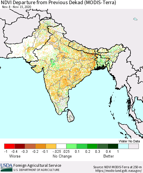 Southern Asia NDVI Departure from Previous Dekad (Terra-MODIS) Thematic Map For 11/11/2020 - 11/20/2020