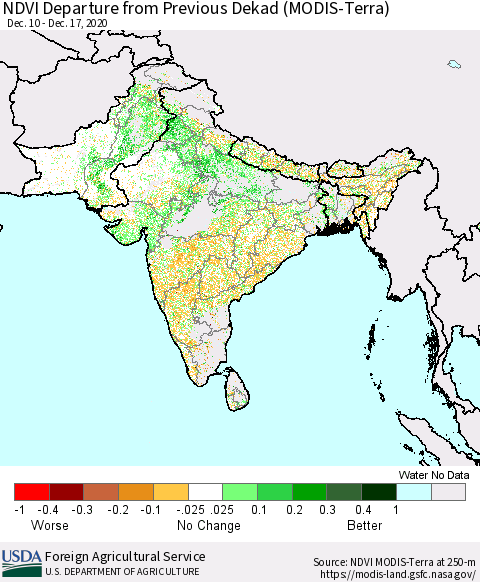 Southern Asia NDVI Departure from Previous Dekad (Terra-MODIS) Thematic Map For 12/11/2020 - 12/20/2020