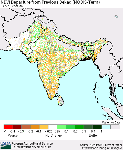 Southern Asia NDVI Departure from Previous Dekad (Terra-MODIS) Thematic Map For 2/1/2021 - 2/10/2021