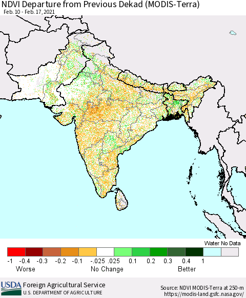 Southern Asia NDVI Departure from Previous Dekad (Terra-MODIS) Thematic Map For 2/11/2021 - 2/20/2021