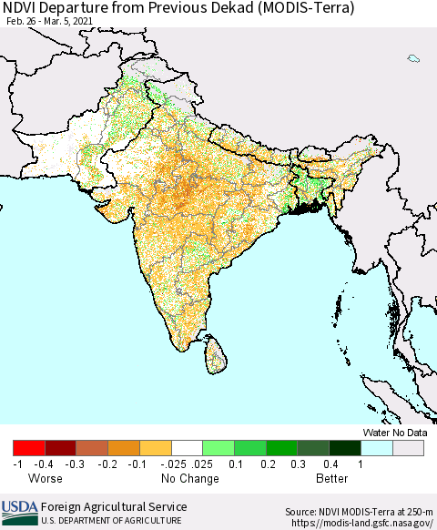 Southern Asia NDVI Departure from Previous Dekad (Terra-MODIS) Thematic Map For 3/1/2021 - 3/10/2021