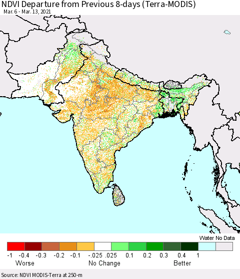 Southern Asia NDVI Departure from Previous 8-days (Terra-MODIS) Thematic Map For 3/6/2021 - 3/13/2021