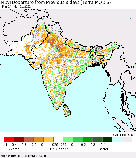 Southern Asia NDVI Departure from Previous 8-days (Terra-MODIS) Thematic Map For 3/14/2021 - 3/21/2021