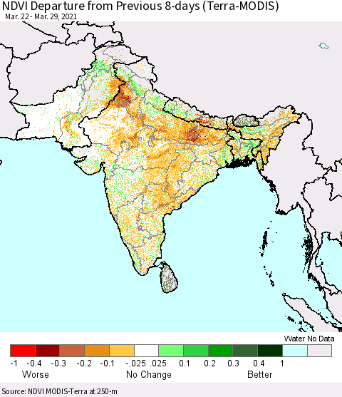 Southern Asia NDVI Departure from Previous 8-days (Terra-MODIS) Thematic Map For 3/22/2021 - 3/29/2021