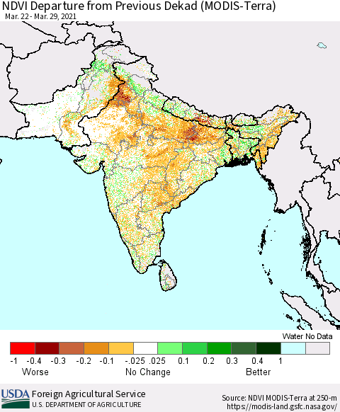 Southern Asia NDVI Departure from Previous Dekad (Terra-MODIS) Thematic Map For 3/21/2021 - 3/31/2021