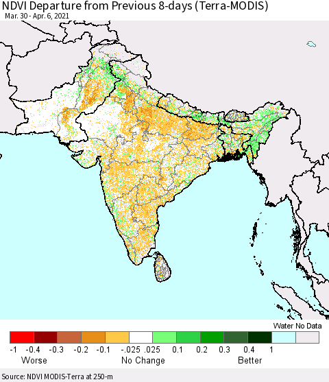 Southern Asia NDVI Departure from Previous 8-days (Terra-MODIS) Thematic Map For 3/30/2021 - 4/6/2021