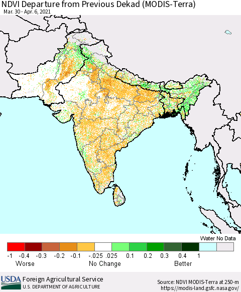 Southern Asia NDVI Departure from Previous Dekad (Terra-MODIS) Thematic Map For 4/1/2021 - 4/10/2021