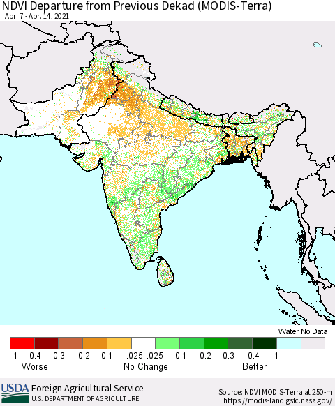 Southern Asia NDVI Departure from Previous Dekad (Terra-MODIS) Thematic Map For 4/11/2021 - 4/20/2021