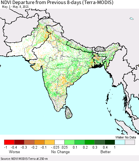 Southern Asia NDVI Departure from Previous 8-days (Terra-MODIS) Thematic Map For 5/1/2021 - 5/8/2021