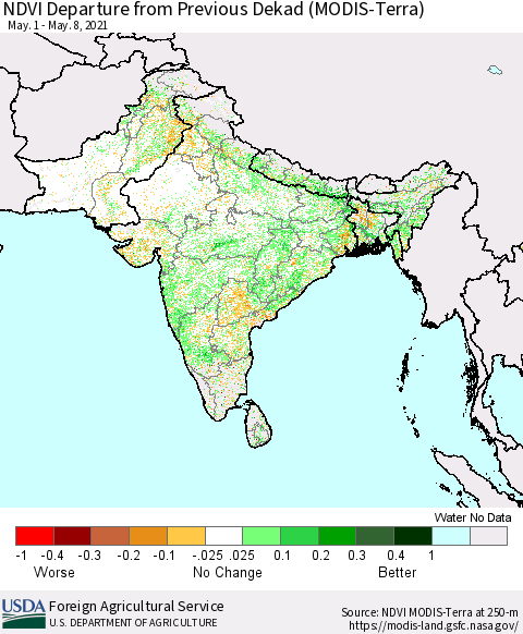 Southern Asia NDVI Departure from Previous Dekad (Terra-MODIS) Thematic Map For 5/1/2021 - 5/10/2021