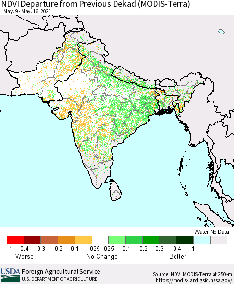 Southern Asia NDVI Departure from Previous Dekad (Terra-MODIS) Thematic Map For 5/11/2021 - 5/20/2021