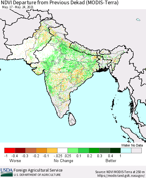 Southern Asia NDVI Departure from Previous Dekad (Terra-MODIS) Thematic Map For 5/21/2021 - 5/31/2021