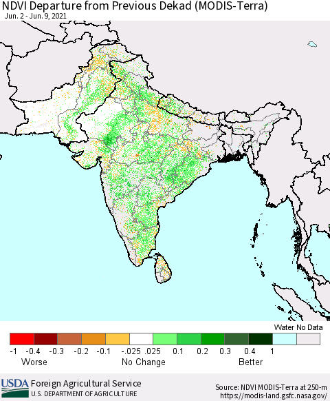 Southern Asia NDVI Departure from Previous Dekad (Terra-MODIS) Thematic Map For 6/1/2021 - 6/10/2021