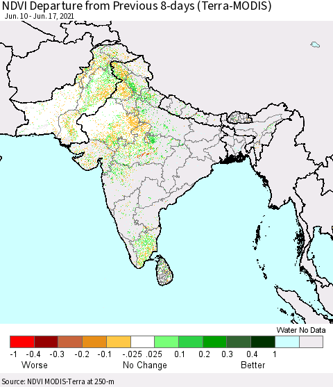 Southern Asia NDVI Departure from Previous 8-days (Terra-MODIS) Thematic Map For 6/10/2021 - 6/17/2021