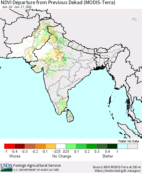 Southern Asia NDVI Departure from Previous Dekad (Terra-MODIS) Thematic Map For 6/11/2021 - 6/20/2021
