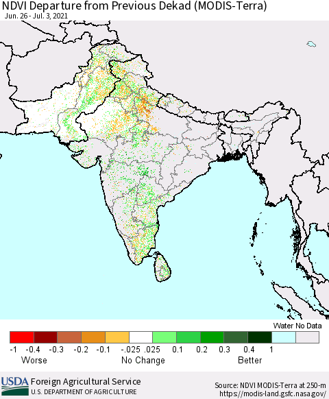 Southern Asia NDVI Departure from Previous Dekad (Terra-MODIS) Thematic Map For 7/1/2021 - 7/10/2021