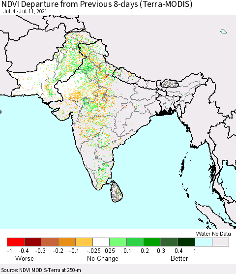 Southern Asia NDVI Departure from Previous 8-days (Terra-MODIS) Thematic Map For 7/4/2021 - 7/11/2021