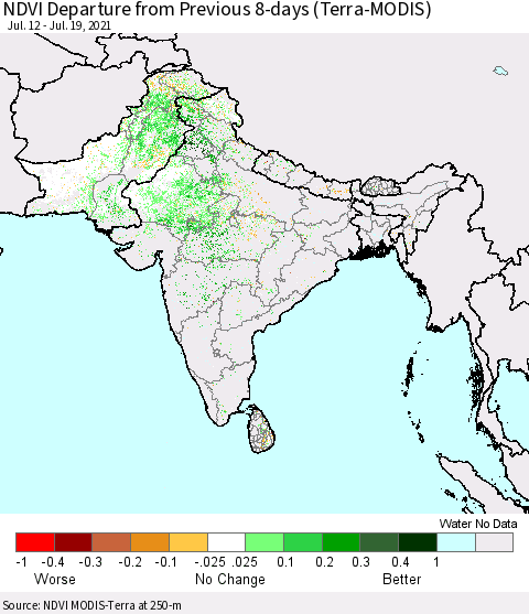 Southern Asia NDVI Departure from Previous 8-days (Terra-MODIS) Thematic Map For 7/12/2021 - 7/19/2021