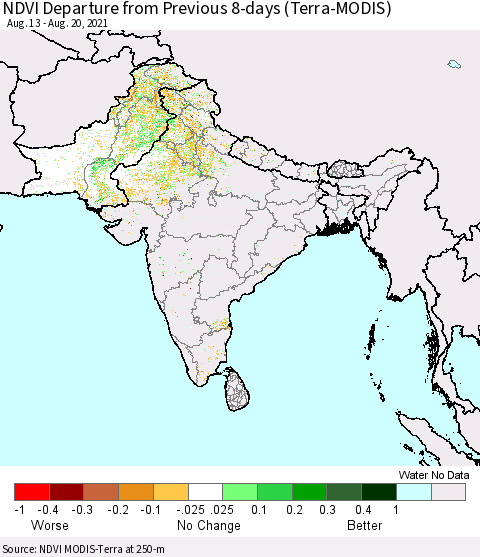 Southern Asia NDVI Departure from Previous Dekad (Terra-MODIS) Thematic Map For 8/11/2021 - 8/20/2021