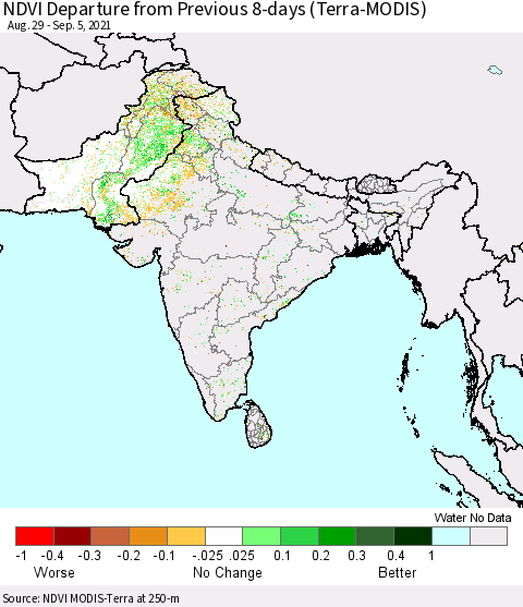 Southern Asia NDVI Departure from Previous 8-days (Terra-MODIS) Thematic Map For 8/29/2021 - 9/5/2021