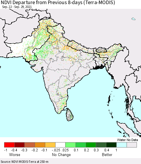 Southern Asia NDVI Departure from Previous 8-days (Terra-MODIS) Thematic Map For 9/22/2021 - 9/29/2021