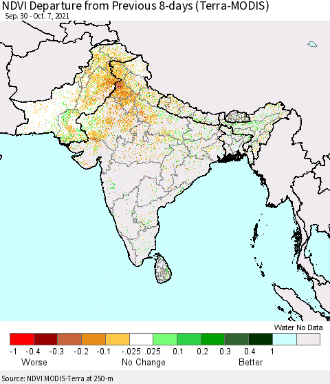 Southern Asia NDVI Departure from Previous 8-days (Terra-MODIS) Thematic Map For 9/30/2021 - 10/7/2021