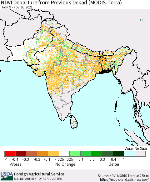 Southern Asia NDVI Departure from Previous Dekad (MODIS-Terra) Thematic Map For 11/11/2021 - 11/20/2021