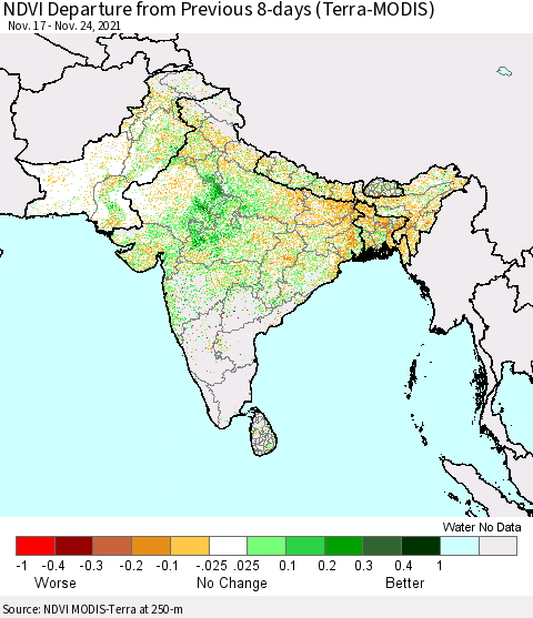 Southern Asia NDVI Departure from Previous 8-days (Terra-MODIS) Thematic Map For 11/17/2021 - 11/24/2021
