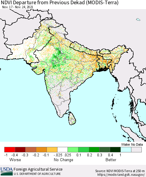 Southern Asia NDVI Departure from Previous Dekad (Terra-MODIS) Thematic Map For 11/21/2021 - 11/30/2021