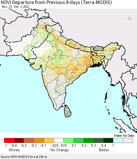Southern Asia NDVI Departure from Previous 8-days (Terra-MODIS) Thematic Map For 11/25/2021 - 12/2/2021