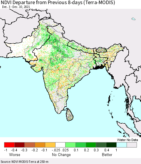 Southern Asia NDVI Departure from Previous Dekad (Terra-MODIS) Thematic Map For 12/1/2021 - 12/10/2021