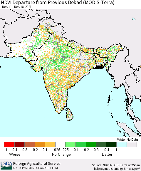 Southern Asia NDVI Departure from Previous Dekad (MODIS-Terra) Thematic Map For 12/11/2021 - 12/20/2021