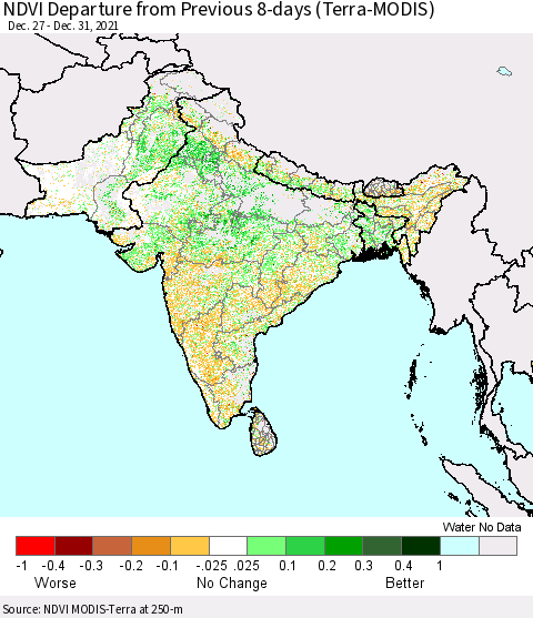 Southern Asia NDVI Departure from Previous 8-days (Terra-MODIS) Thematic Map For 12/26/2021 - 1/2/2022