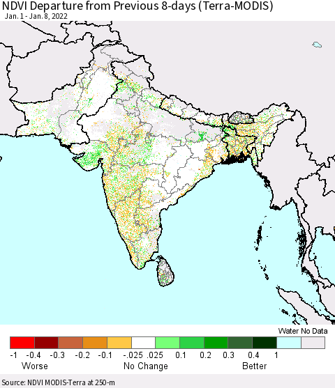 Southern Asia NDVI Departure from Previous 8-days (Terra-MODIS) Thematic Map For 1/1/2022 - 1/8/2022