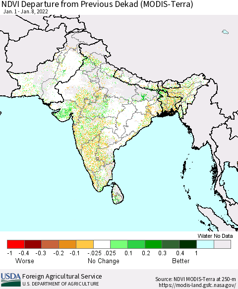 Southern Asia NDVI Departure from Previous Dekad (MODIS-Terra) Thematic Map For 1/1/2022 - 1/10/2022