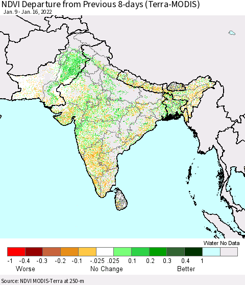 Southern Asia NDVI Departure from Previous 8-days (Terra-MODIS) Thematic Map For 1/9/2022 - 1/16/2022