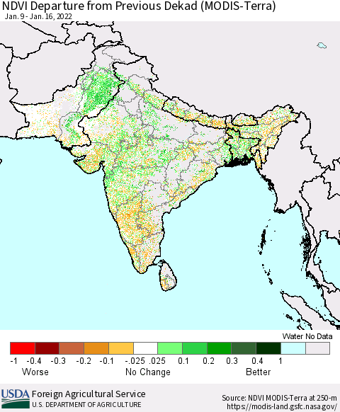 Southern Asia NDVI Departure from Previous Dekad (Terra-MODIS) Thematic Map For 1/11/2022 - 1/20/2022