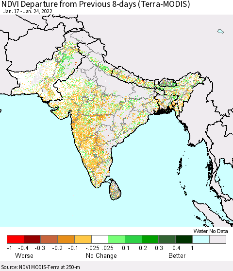 Southern Asia NDVI Departure from Previous 8-days (Terra-MODIS) Thematic Map For 1/17/2022 - 1/24/2022