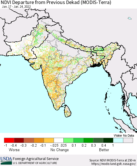 Southern Asia NDVI Departure from Previous Dekad (Terra-MODIS) Thematic Map For 1/21/2022 - 1/31/2022