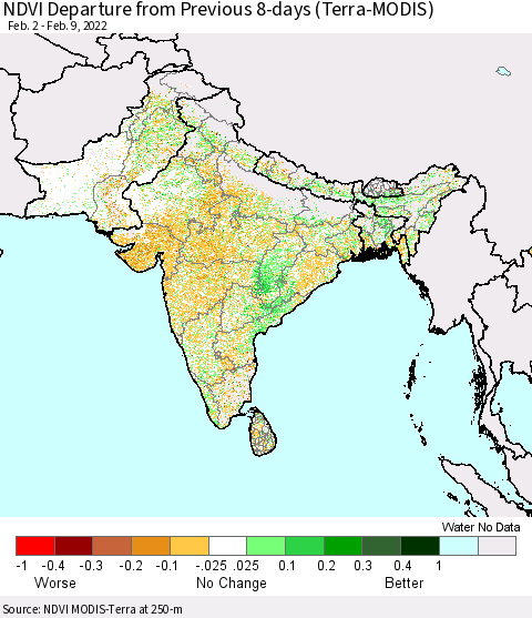 Southern Asia NDVI Departure from Previous 8-days (Terra-MODIS) Thematic Map For 2/2/2022 - 2/9/2022