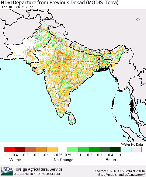 Southern Asia NDVI Departure from Previous Dekad (Terra-MODIS) Thematic Map For 2/21/2022 - 2/28/2022