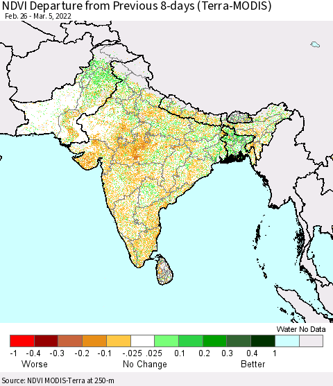 Southern Asia NDVI Departure from Previous 8-days (Terra-MODIS) Thematic Map For 2/26/2022 - 3/5/2022
