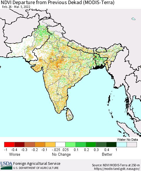 Southern Asia NDVI Departure from Previous Dekad (Terra-MODIS) Thematic Map For 3/1/2022 - 3/10/2022