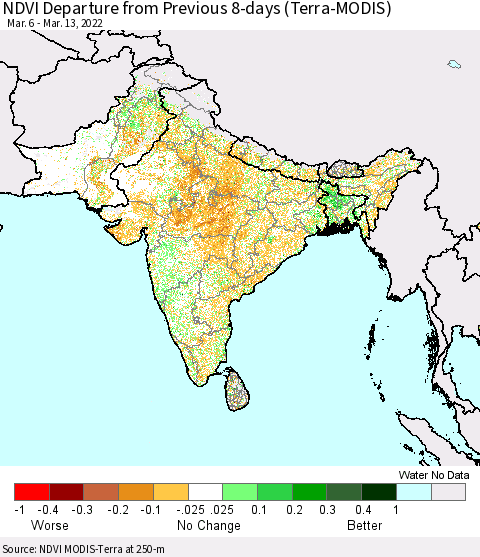 Southern Asia NDVI Departure from Previous 8-days (Terra-MODIS) Thematic Map For 3/6/2022 - 3/13/2022
